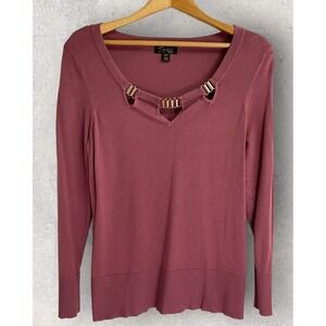 Thalia Sodi Top Womens M Medium Mauve Pink Knit Gold Tubes Chain Embellished EUC